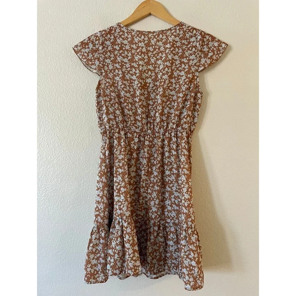 Floral V-Neck Mini Dress Khaki Brown Flutter Sleeve Elastic Waist‎ PY0015 OS